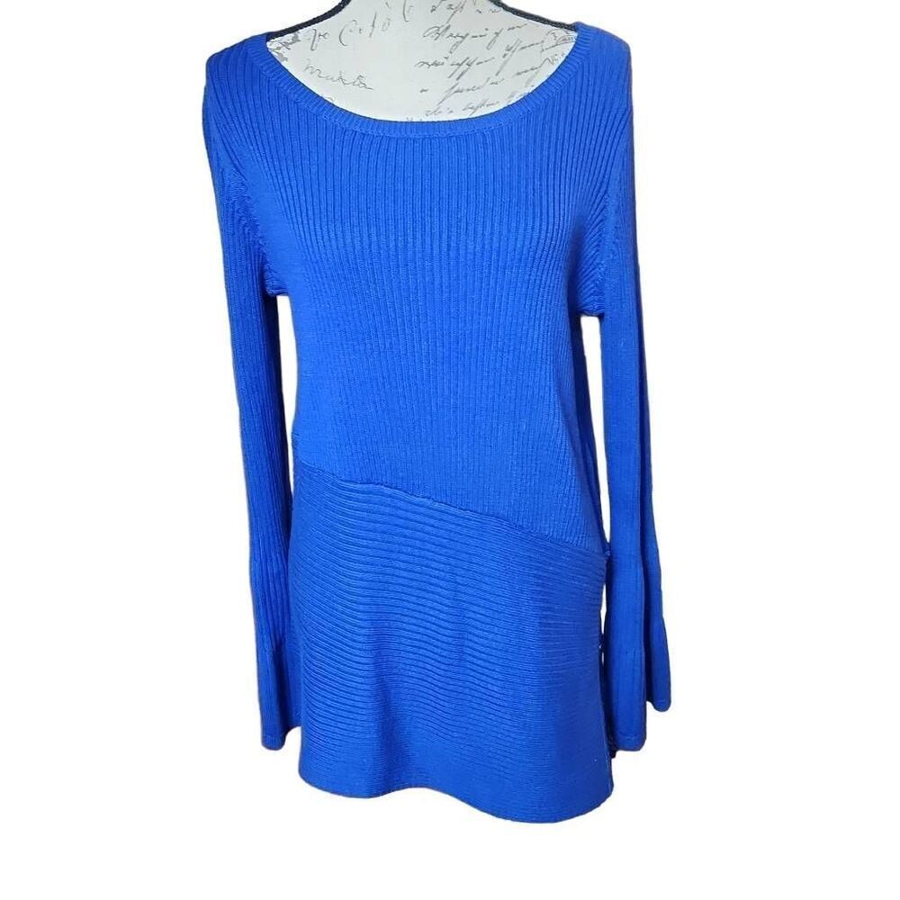 Rafaella Studio Ladies Sz Medium Blue Ribbed Bell Sleeve Asymmetrical Sweater